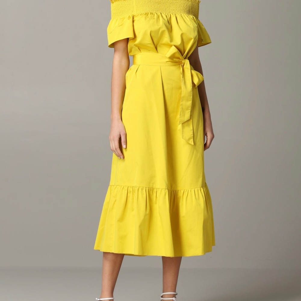 Tory Burch Off-the-shoulder gathered silk and cotton-blend faille midi dress